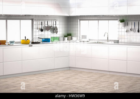 Di rendering 3D Interni cucina con mobili da cucina sul pavimento in legno Foto Stock