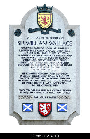 Londra Inghilterra, Regno Unito. Memoriale di Sir William Wallace sulla parete esterna di San Bartolomeo del Ospedale, West Smithfield. Ritaglio "l'immortale memoria o Foto Stock