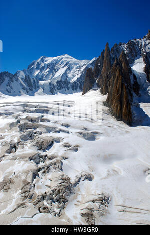 Alpi montagne coperte di neve e ghiaccio con spaccature in alta quota, con vertice in background, nero rocky sharp di poke e cielo blu chiaro Foto Stock