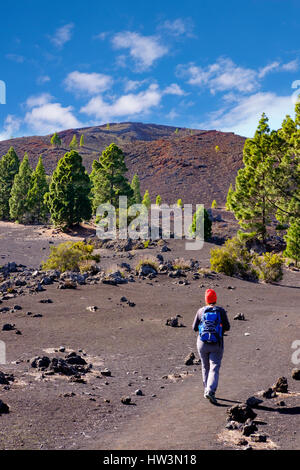 Donna sul sentiero, Montaña Negra vulcano o a Garachico, paesaggio di lava vicino a El Tanque, Tenerife, Isole Canarie, Spagna Foto Stock