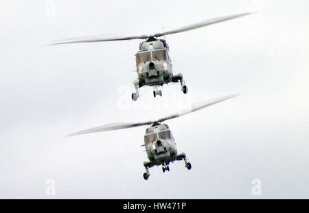 Portland, Dorset, Regno Unito. Xvii Mar, 2017. Addio volare oltre di quattro elicotteri LYNX oltre l'ex base navale di HMS Osprey, Portland, Dorset. Dove gli elicotteri erano basate per molti dei loro anni di servizio. Credito: GIOVANNI GURD MEDIA/Alamy Live News Foto Stock