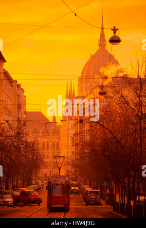 Il tram a sunrise, Parlamento ungherese edificio, in stile neogotico, Assemblea nazionale. Budapest Ungheria, Europa sud-orientale Foto Stock