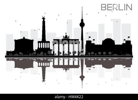 Berlin City skyline in bianco e nero con silhouette riflessioni. Illustrazione Vettoriale. Piatto semplice concetto per il turismo presentazione, banner, cartellone Illustrazione Vettoriale