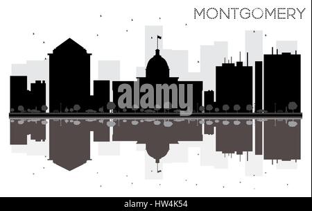 Montgomery skyline della città in bianco e nero con silhouette riflessioni. Illustrazione Vettoriale. Piatto semplice concetto per il turismo presentazione, banner Illustrazione Vettoriale