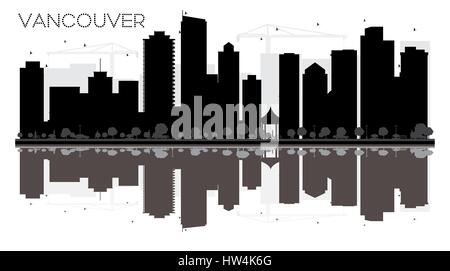 Vancouver skyline della città in bianco e nero con silhouette riflessioni. illustrazione vettoriale. semplice piatto concetto per il turismo presentazione, banner, cartellone Illustrazione Vettoriale