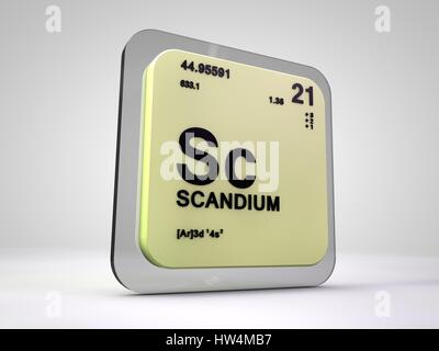 Scandio - Sc - elemento chimico tavola periodica 3D render Foto Stock