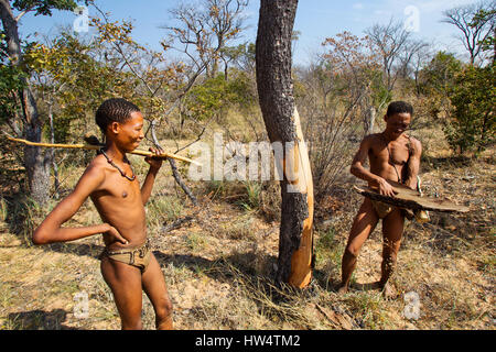 I Boscimani persone nel bush africano a Grashoek, Namibia settentrionale Foto Stock