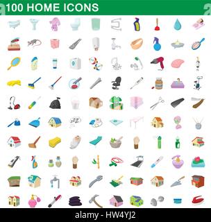 100 home set di icone, stile cartoon Illustrazione Vettoriale