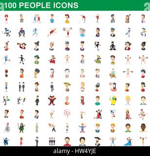 100 persone set di icone, stile cartoon Illustrazione Vettoriale