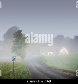 Strada di campagna e agriturismo immerso nella nebbia di mattina. Osterlen, Skane, Svezia, Skandinavia. Foto Stock