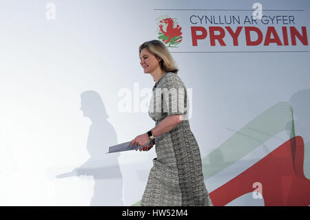 Istruzione Segretario Justine Greening parla al conservatore Forum di primavera al SSE Swalec Stadium di Cardiff, Galles. Foto Stock