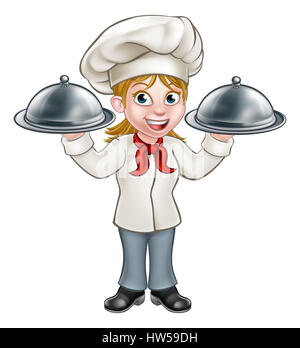 Cartoon donna chef o baker tenendo un argento cloche pasto piatto della piastra del vassoio Foto Stock