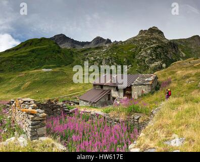 L'Italia, Valle d'Aosta, La Thuile, Col du Petit san Bernardo, escursionista in Vallon du Breuil presso la frazione Plan Veyle Foto Stock