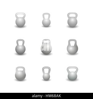 Set di nove kettlebells realistico di forme differenti isolati su sfondo bianco, gli elementi di design attrezzature sportive per la palestra, illustrazione vettoriale. Illustrazione Vettoriale