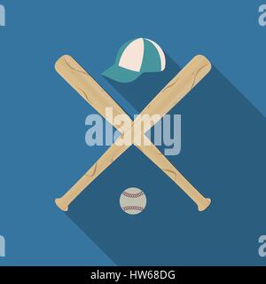 Icona di baseball con due di legno mazze da baseball, tappi e la sfera, una diagonale lunga ombra, illustrazione vettoriale. Illustrazione Vettoriale