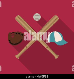 Icona di baseball con due di legno mazze da baseball, cappuccio, guanto e sfera, una diagonale lunga ombra, illustrazione vettoriale. Illustrazione Vettoriale