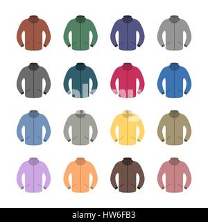 Set di sedici tute in uno stile piatto, isolato su sfondo bianco, elemento di design della tuta sportiva, illustrazione vettoriale. Illustrazione Vettoriale