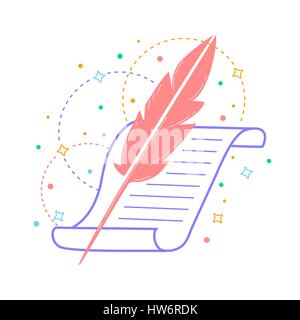 Concetto di ispirazione nella creatività, poesia, nella forma di una penna e di una rotellina di scorrimento. Icona di stile lineare Illustrazione Vettoriale