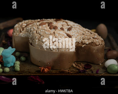 Colomba senza canditi e senza glassa italiano torta di Pasqua su tavoli in legno scuro con alcuni puntelli Foto Stock