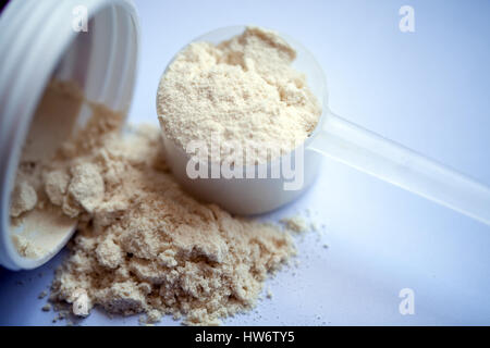 La vaniglia proteine in polvere nel convogliatore su sfondo bianco Foto Stock