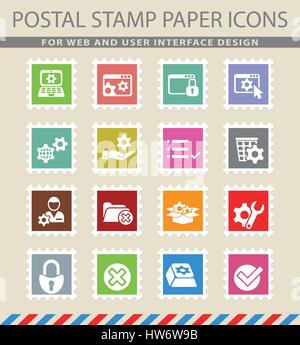 Impostazioni web icone sui francobolli Illustrazione Vettoriale