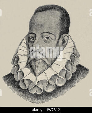 Miguel de Cervantes Saavedra (1547-1616) del XVI secolo. Lo scrittore spagnolo, Don Chisciotte, Ritratto, incisione Foto Stock