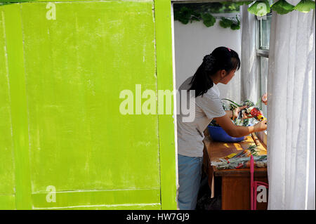 09.08.2012, pyongyang, Repubblica popolare democratica di Corea, asia - Un fiore venditore al martiri rivoluzionari' cimitero di Pyongyang. Foto Stock