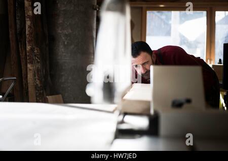 Francia, Savoie, Entremont le Vieux, Le frazione del deserto, Thierry Martenont, scultori in legno Foto Stock