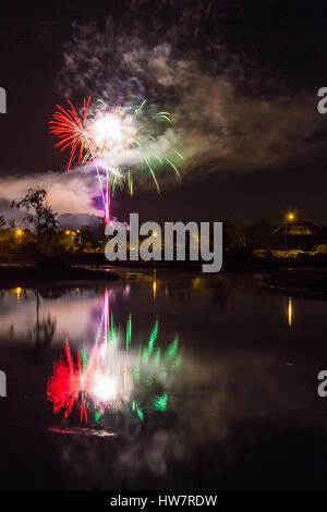 Fuochi d'artificio riflessa nell'acqua di rose di Tralee Festival, County Kerry, Irlanda Foto Stock