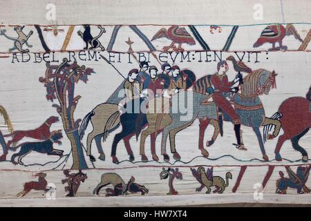 Francia, Calvados, Bayeux, Tapisserie de Bayeux, Arazzo di Bayeux, creato nel XI secolo, dettaglio Foto Stock