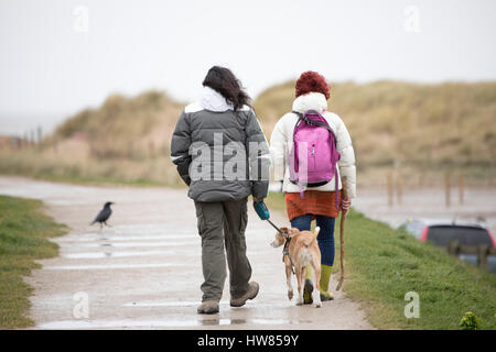 Bagnato e condizioni di vento con due cane femmina gli escursionisti a piedi verso talacre spiaggia con il loro cane al guinzaglio, Flinthsire, Wales, Regno Unito Foto Stock