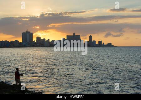 Cuba, Ciudad de la Habana province, città dell Avana, vista del quartiere Vedado dal Malecon al tramonto e il pescatore in primo piano Foto Stock