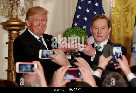 Taoiseach Enda Kenny presenta il presidente statunitense Donald Trump con una ciotola di Shamrock durante l'annuale cerimonia di presentazione alla Casa Bianca di Washington, Stati Uniti d'America. Foto Stock