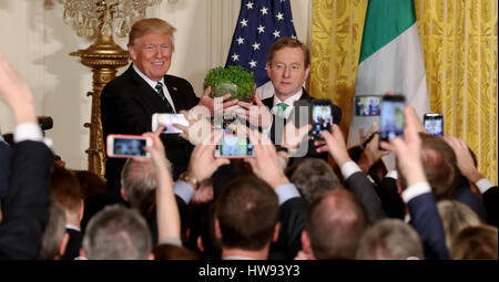 Taoiseach Enda Kenny presenta il presidente statunitense Donald Trump con una ciotola di Shamrock durante l'annuale cerimonia di presentazione alla Casa Bianca di Washington, Stati Uniti d'America. Foto Stock