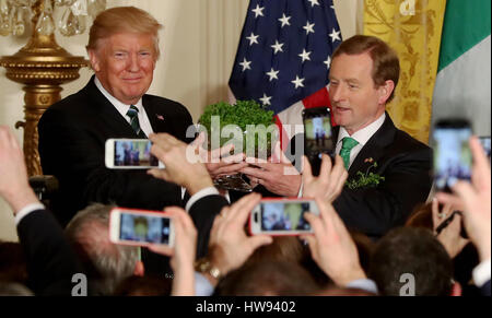 Taoiseach Enda Kenny presenta il presidente statunitense Donald Trump con una ciotola di Shamrock durante l'annuale cerimonia di presentazione alla Casa Bianca di Washington, Stati Uniti d'America. Foto Stock