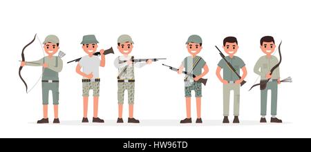 Team di molti diversi hunter, Huntsman, guardiacaccia, forester e Archer. Illustrazione Vettoriale in stile piatto Illustrazione Vettoriale