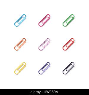 Set di nove multi-carta colorata di clip con ombra isolati su sfondo bianco, gli elementi di design cancelleria, ottava, illustrazione vettoriale. Illustrazione Vettoriale