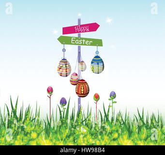 Felice Pasqua uova appeso sulla struttura ad albero Illustrazione Vettoriale