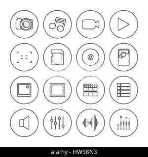 Foto e video icone delle linee sottili, isolato su sfondo bianco, gli elementi di design dei dispositivi digitali, illustrazione vettoriale. Illustrazione Vettoriale