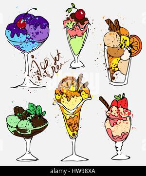 Set di colorate isolato gustosi gelati, disegnare a mano stile Illustrazione Vettoriale