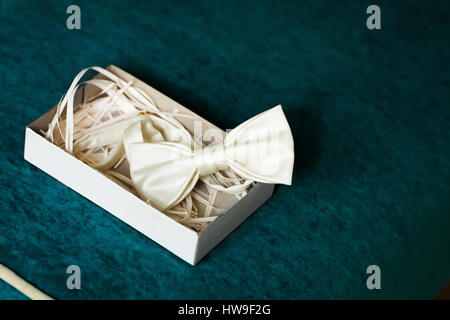 Seta di lusso bow tie-in scatola decorata su sfondo scuro Foto Stock