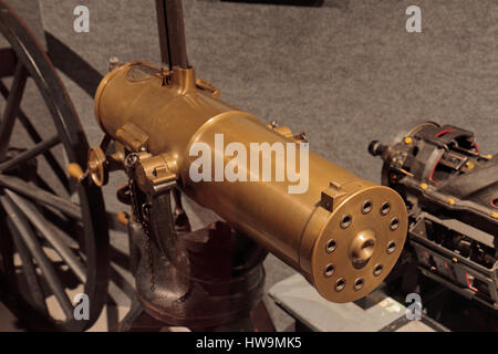 Un Gatling rapid-fire pistola modello 1877 sul display in Springfield Armory National Historic Site, Springfield, MA, Stati Uniti. Foto Stock