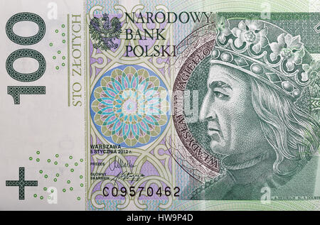 Il polacco denaro bill cento zloty macro con il ritratto del re di Polonia Wladyslaw II Jagiello. Foto Stock