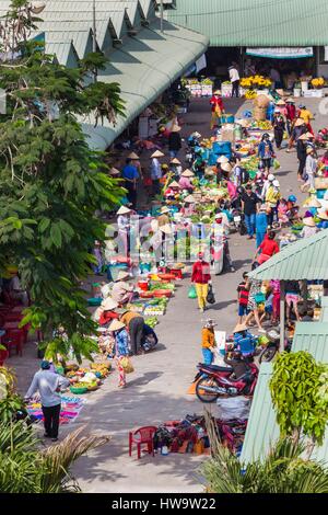 Il Vietnam, il Delta del Mekong, Cai Rang, Cai Rang mercato galleggiante, vista in elevazione della strada del mercato Foto Stock