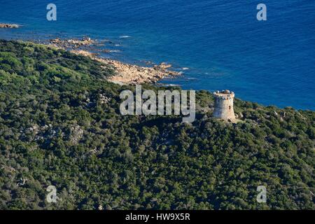 Francia, Corse du Sud, Coti-Chiavari, Capu Neru (Capo Nero) torre genovese (vista aerea) Foto Stock