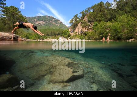 Francia, Corse du Sud, Alta Rocca, Quenza, Ponte Grossu, piscine naturali del fiume Solenzara Foto Stock