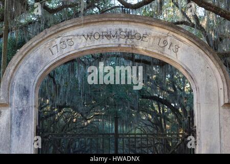 Stati Uniti, Georgia, savana, Wormsloe sito storico dello stato, il cancello di ingresso alla ex Wormsloe Plantation Foto Stock