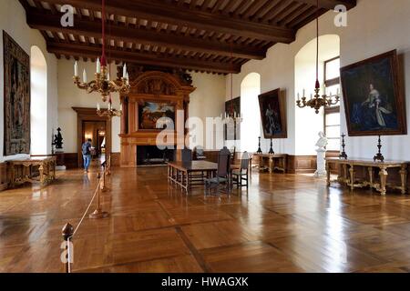 Francia, Dordogne Périgord Noir, castello di Hautefort, la grande sala in appartamenti privati Foto Stock