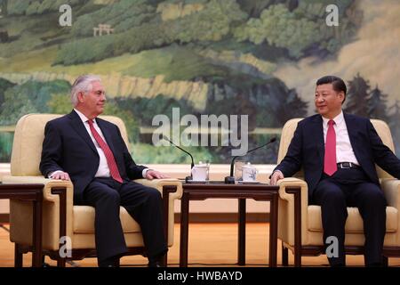 Pechino, Cina. Xix marzo, 2017. Stati Uniti Il segretario di Stato Rex Tillerson durante un incontro bilaterale con il presidente cinese Xi Jinping presso la Grande Sala del Popolo Marzo 19, 2017 a Pechino, in Cina. Credito: Planetpix/Alamy Live News Foto Stock