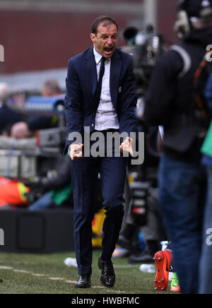 Genova, Italia. Xix Mar, 2017. La Juventus' allenatore Massimiliano Allegri gesti durante il campionato italiano di una partita di calcio tra Juventus e Sampdoria, a Genova, Italia, 19 marzo 2017. La Juventus ha vinto 1-0. Credito: Alberto Lingria/Xinhua/Alamy Live News Foto Stock